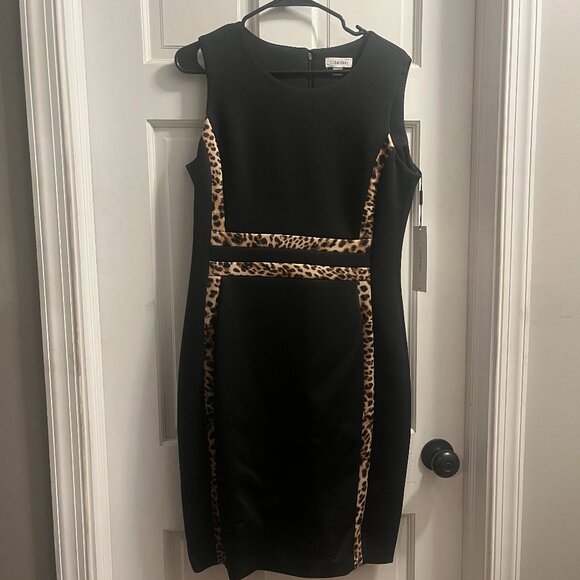Calvin Klein Black Sleeveless Sheath Dress with Leopard Print Trim - Picture 1 of 1